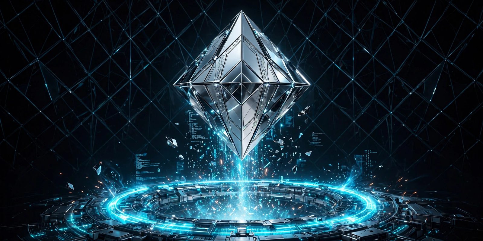 Agent launching from a chrome diamond core above a glowing cyan launch ring