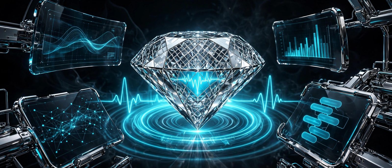 AIOC operations core — chrome diamond core with cyan heartbeat pulse and holographic dashboard panes